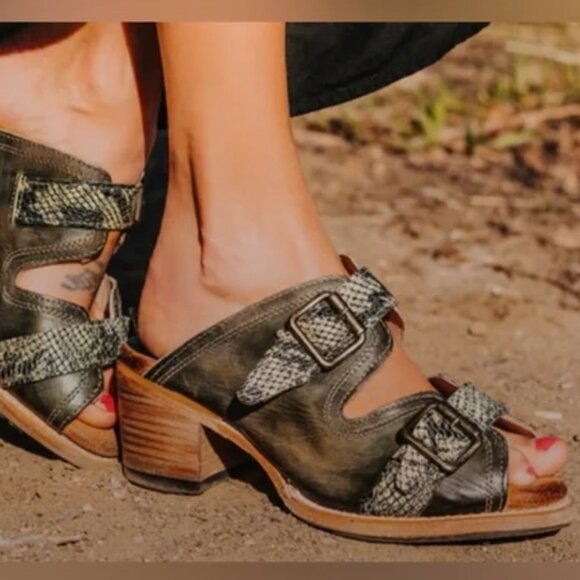 Freebird Caprice Leather Mule Sandal Olive Green Snake Full Grain Leather Sz 6 - Picture 1 of 11